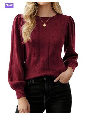 Puff Long Sleeve Crochet Knit Pullover Sweater